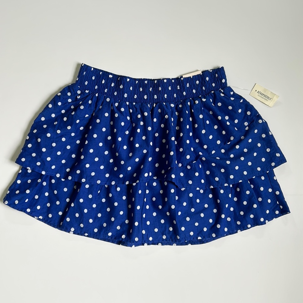 Aeropostale Blue & White Polka Dot Ruffled Mini Skirt Sz L